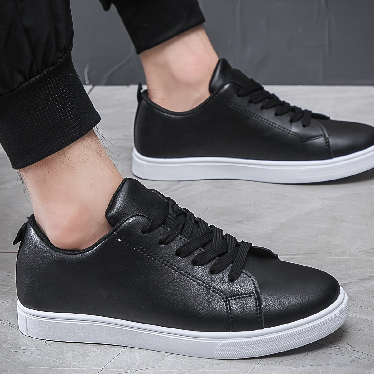 Men's Lace-up Sneakers, PU Leather Skate Shoes With Good Traction, Breathable